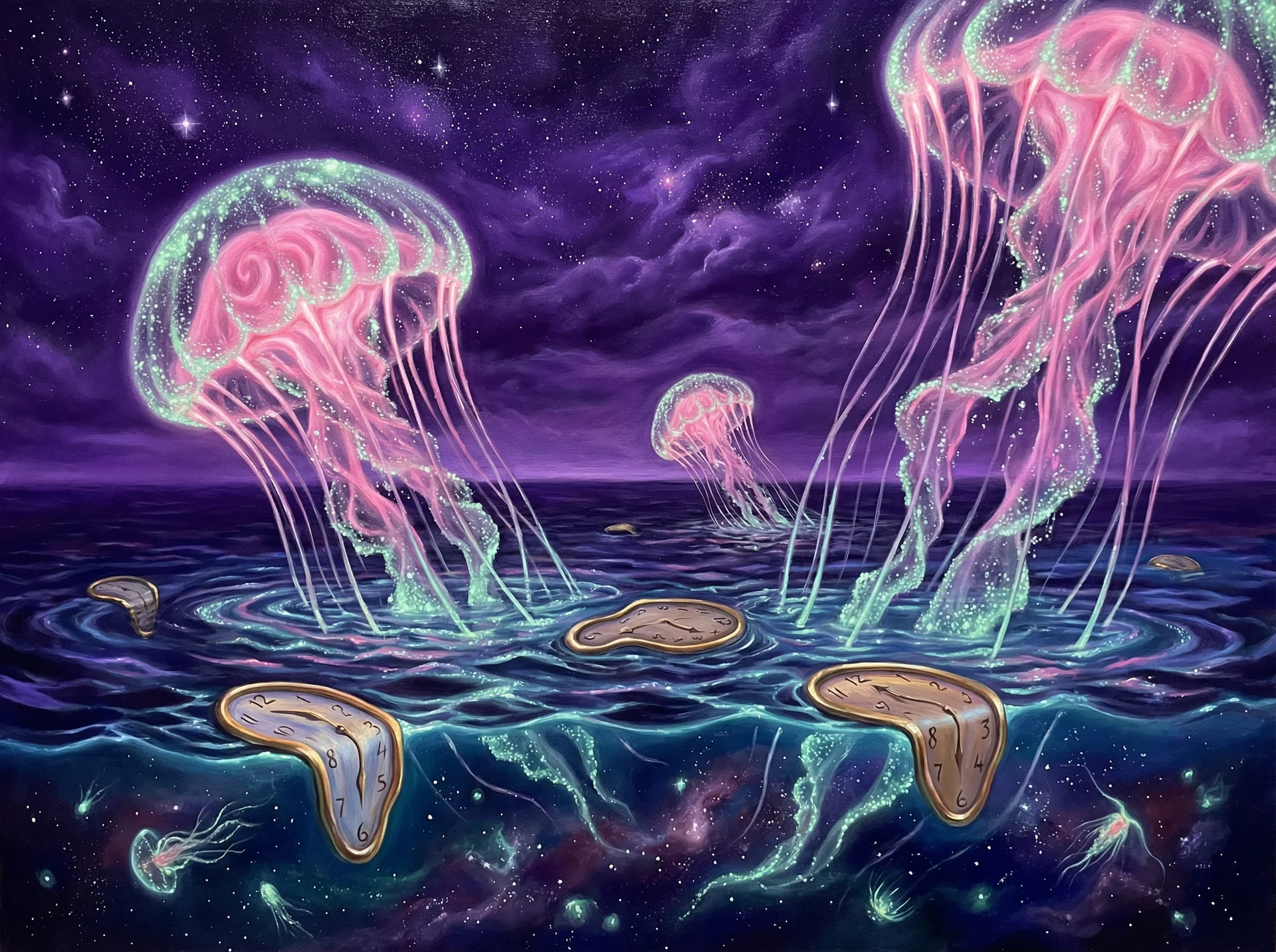 超现实梦境画作 - 深海水母与融化时钟，关联 500彩票 幸运号码