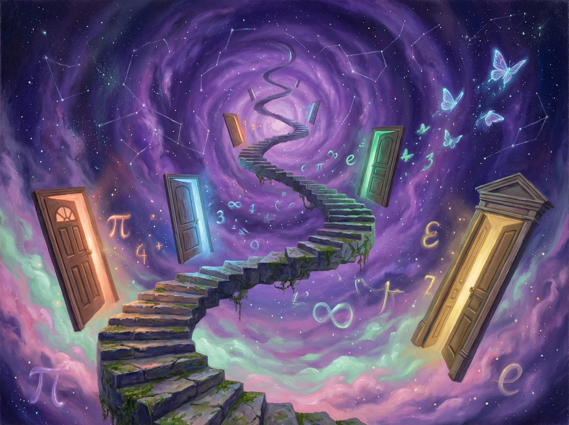 超现实梦境画作 - 无限阶梯与浮动之门，关联 500彩票 幸运号码