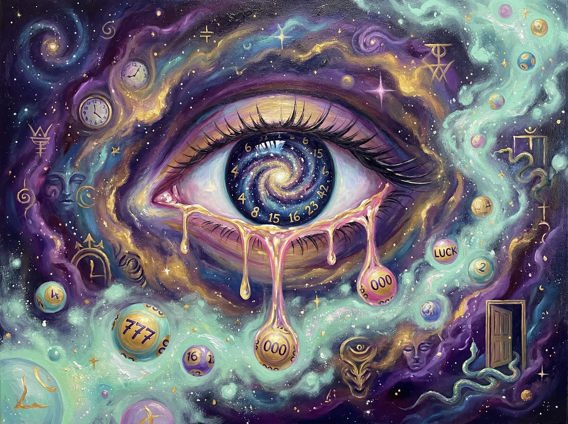 超现实梦境画作 - 宇宙之眼与银河虹膜，关联 500彩票 幸运号码