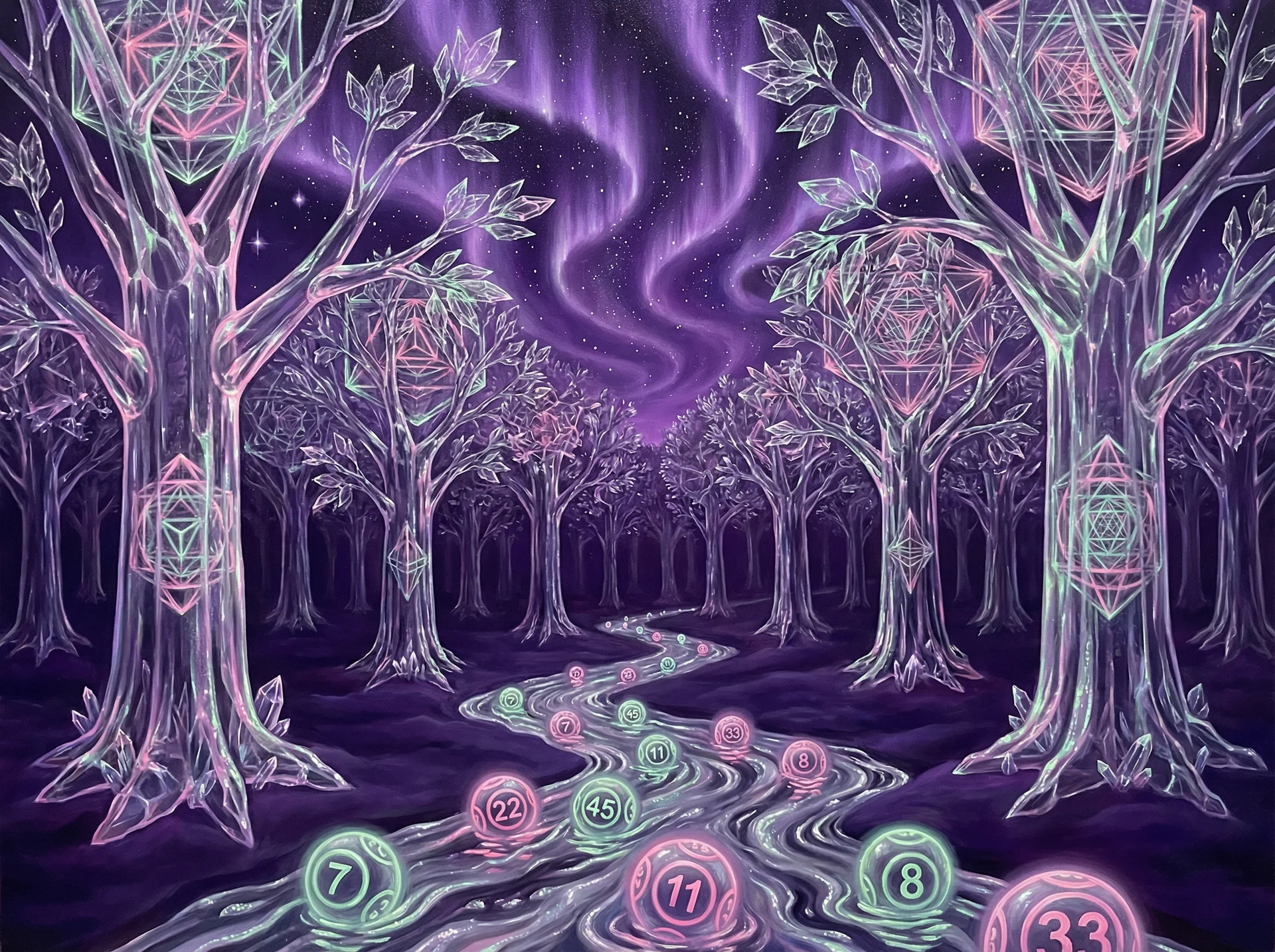 超现实梦境画作 - 水晶森林与银河之河，关联 500彩票 幸运号码