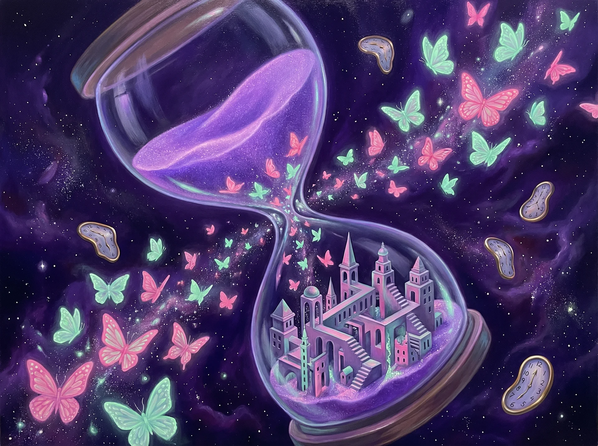 超现实梦境画作 - 时间沙漏与蝴蝶变幻，关联 500彩票 幸运号码