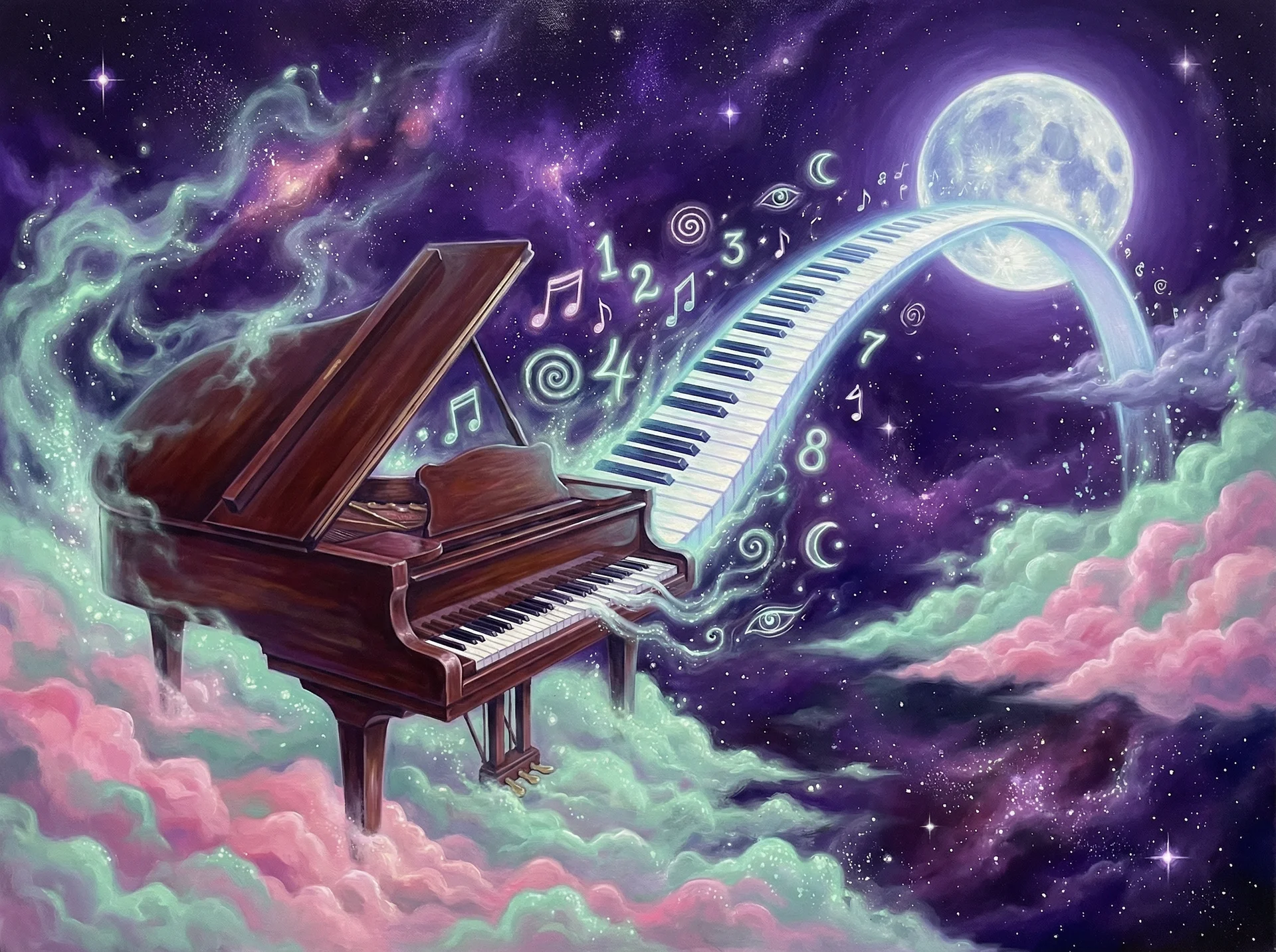 超现实梦境画作 - 宇宙钢琴与月光之桥，关联 500彩票 幸运号码